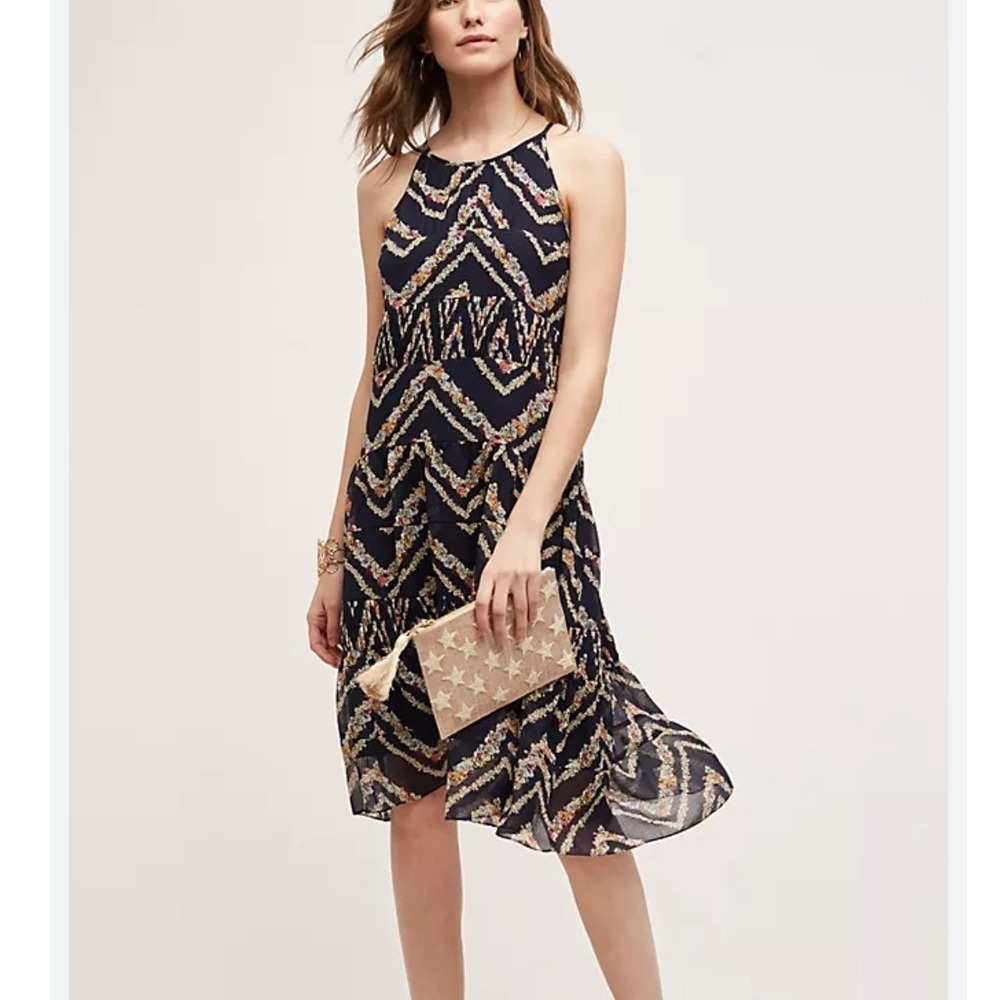 HD In Paris Navy Floral Rococo Chevron Tiered Midi‎ Dress Size Small